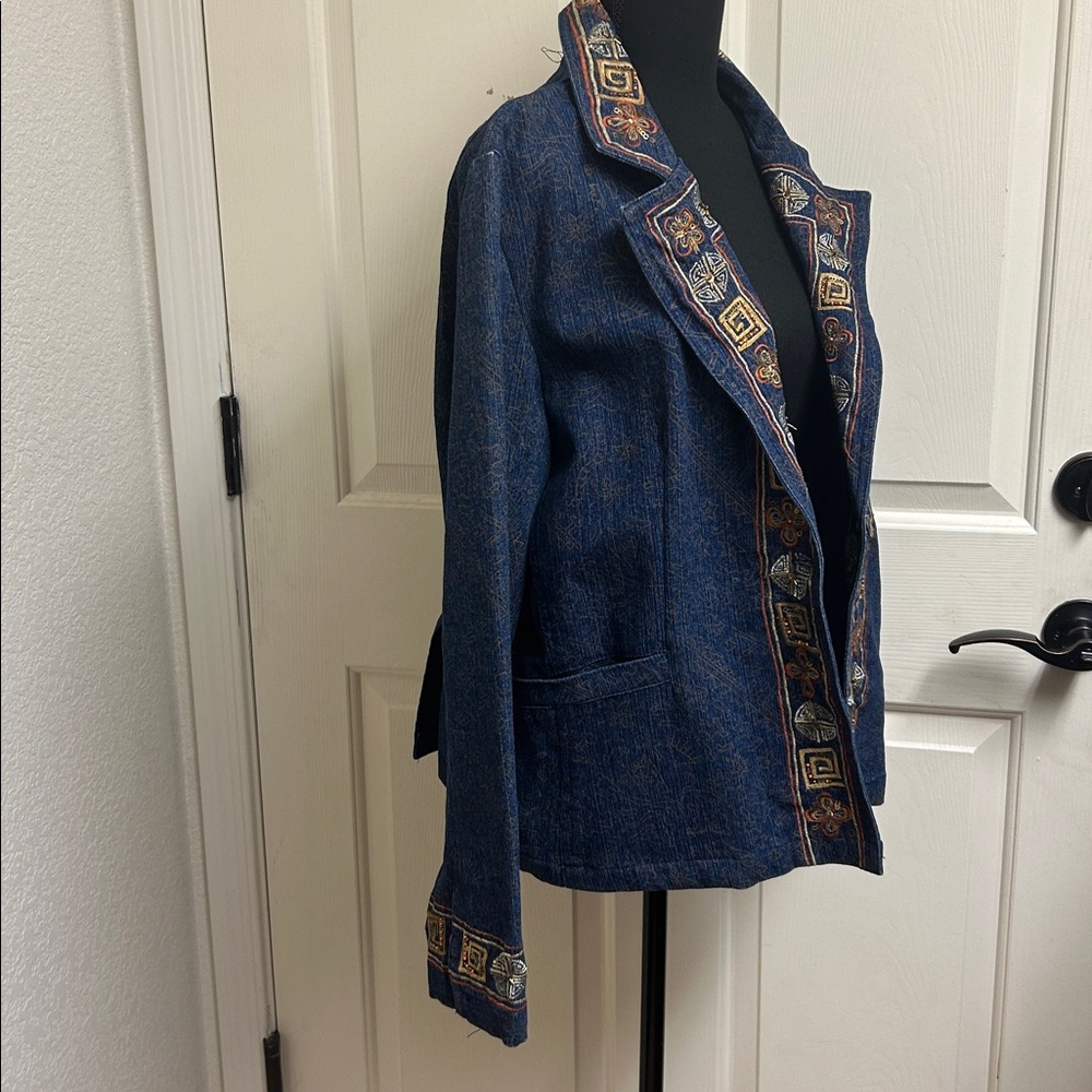 Alex Kim Vintage Petite Large PL Blue Embroidered Denim Jacket Blazer, EUC - Picture 6 of 11